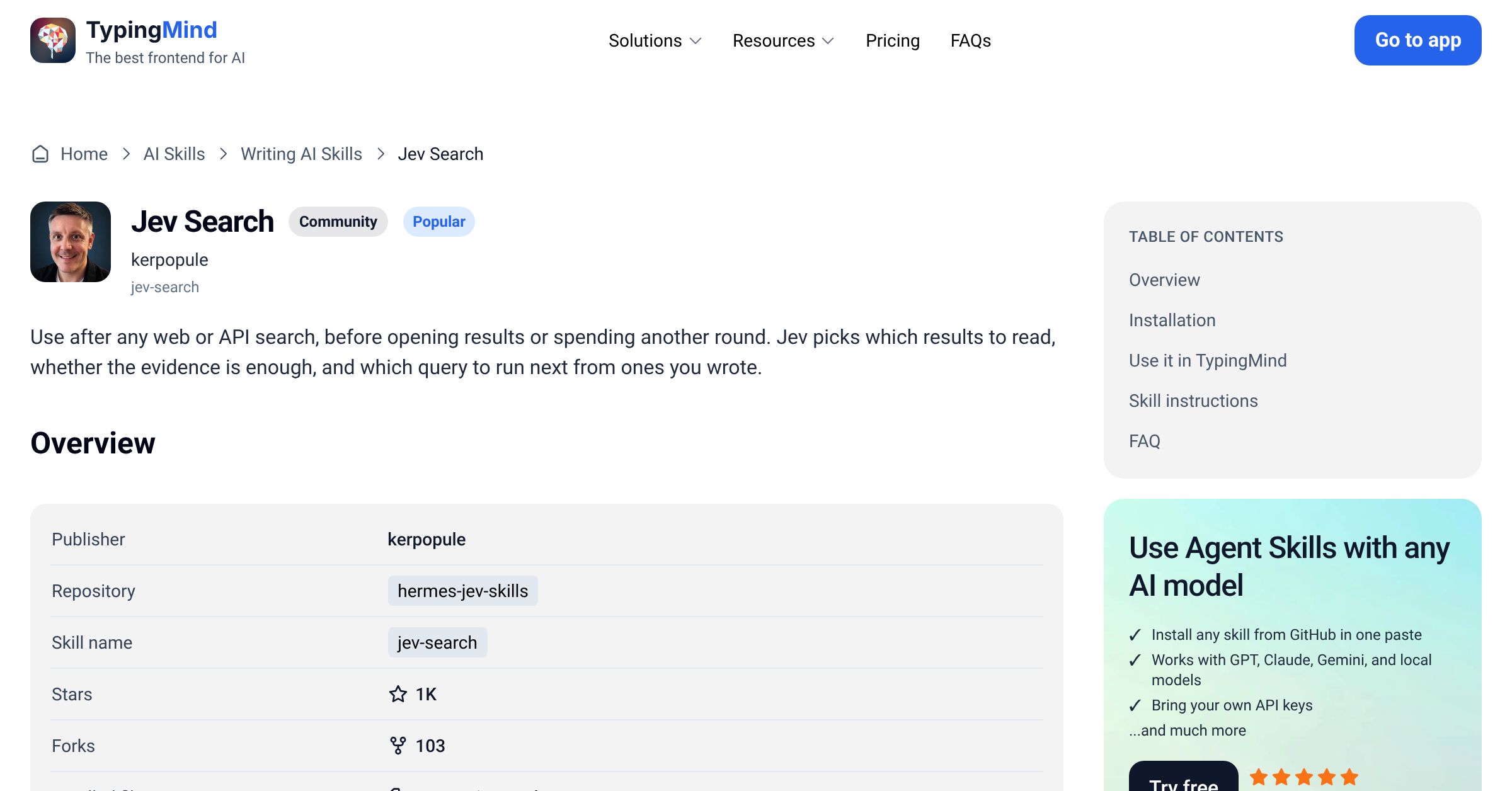 Jev Search by kerpopule — AI Skill for Any LLM | TypingMind