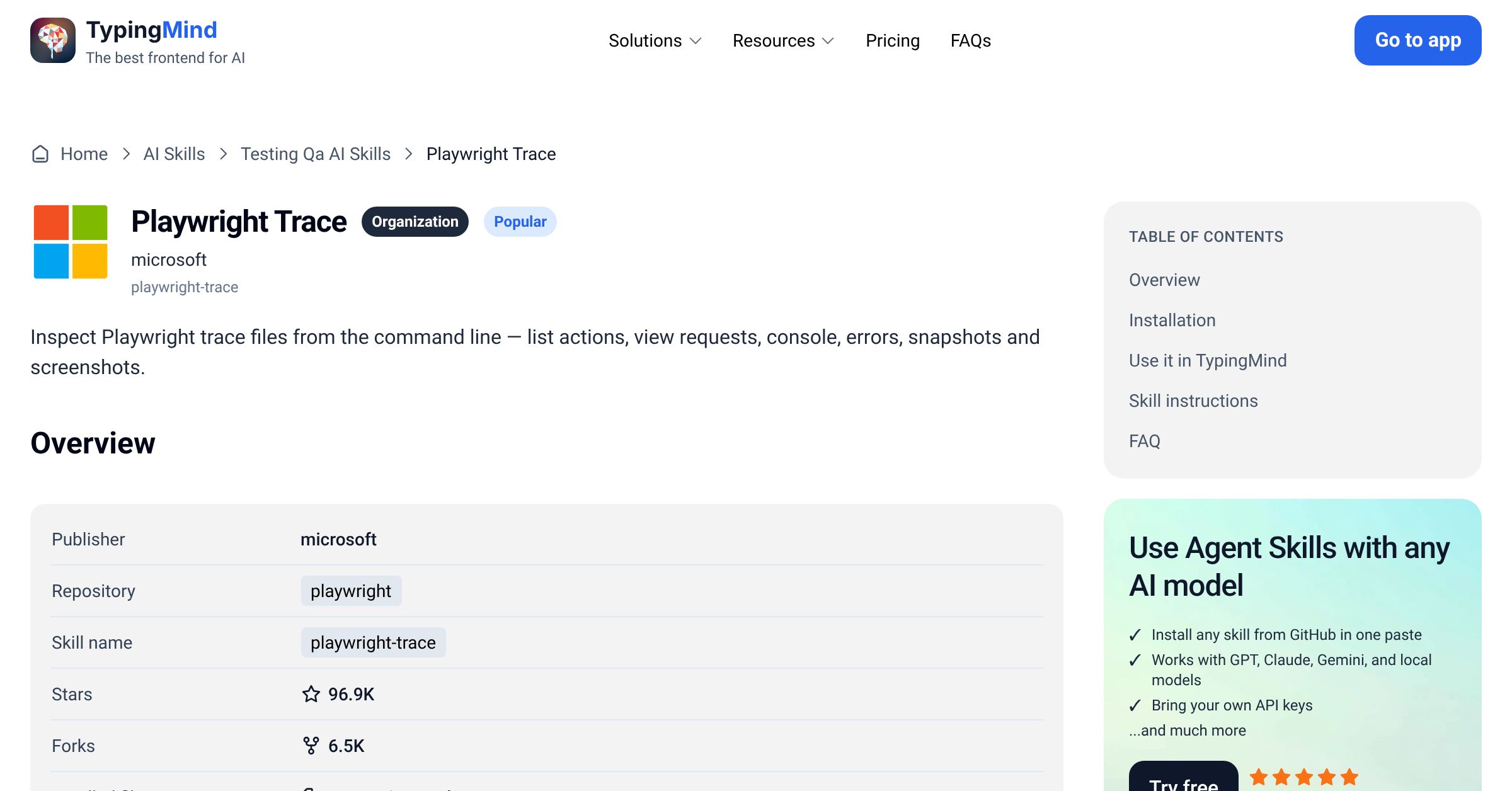 Playwright Trace by microsoft — AI Skill for Any LLM | TypingMind