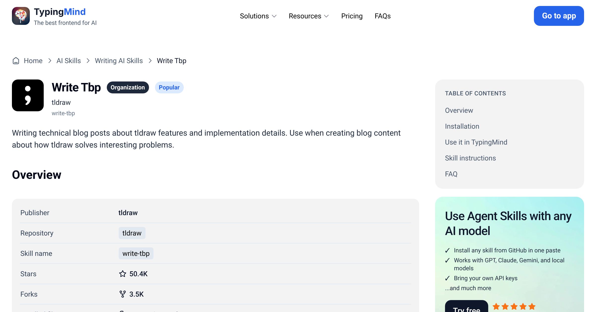 Write Tbp by tldraw — AI Skill for Any LLM | TypingMind