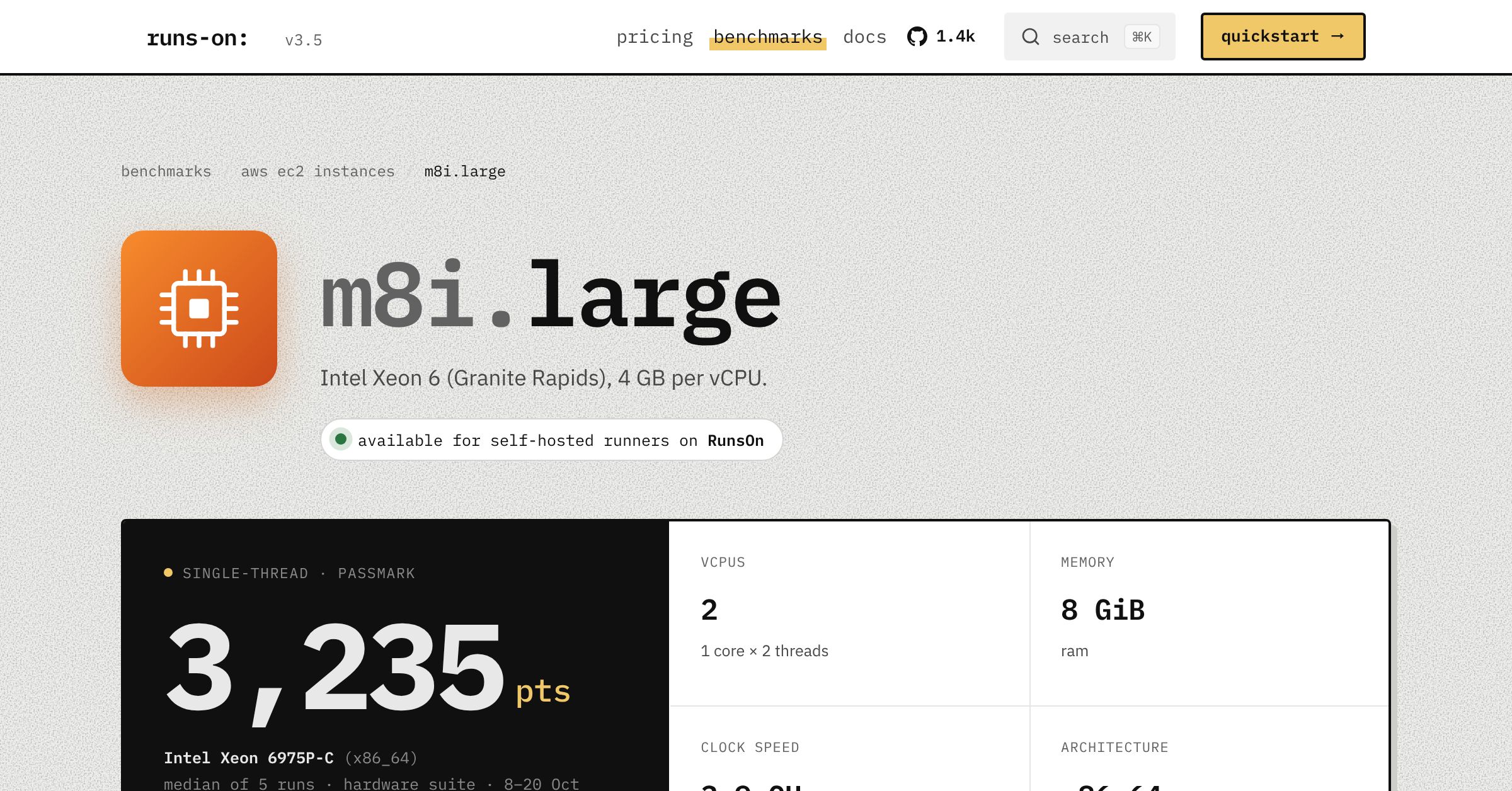 Benchmarks for m8i.large (AWS) - RunsOn