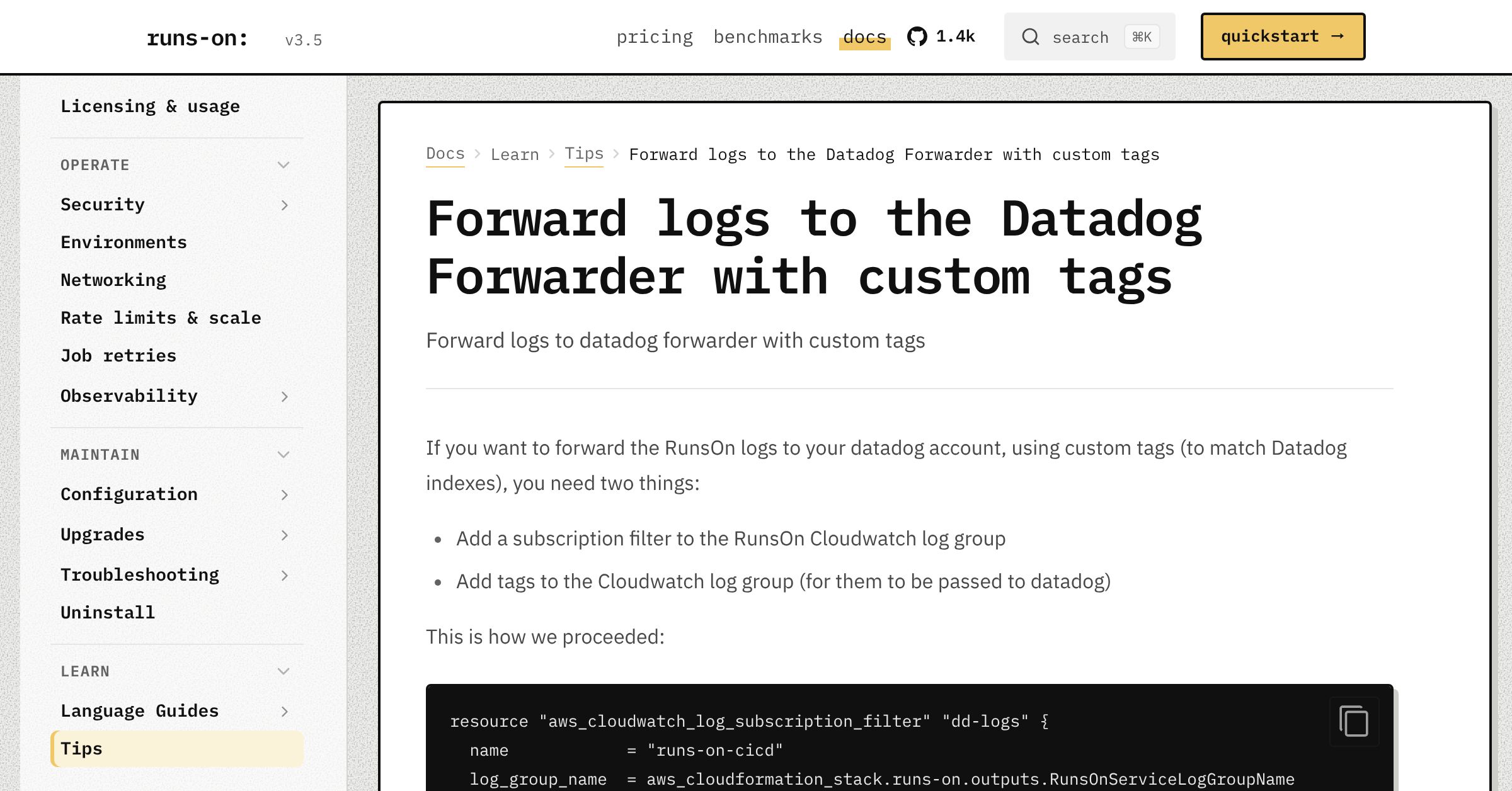 Forward logs to datadog forwarder with custom tags - RunsOn