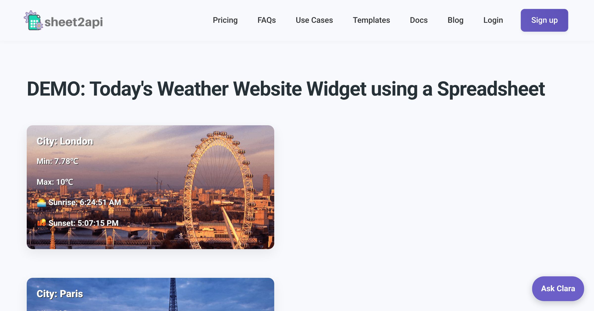 Demo: Today's Weather Website Widget using a Spreadsheet | sheet2api